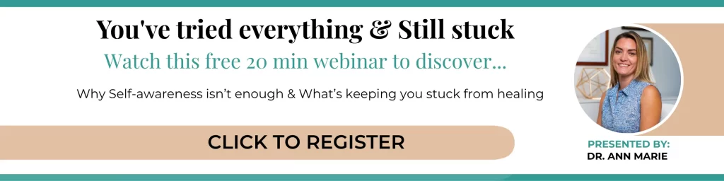 Webinar registration banner with bold headline “You've tried everything & Still stuck,” teal subtitle, and a beige rounded-rectangle “CLICK TO REGISTER” button; presenter photo on the right with caption “PRESENTED BY: DR. ANN MARIE.”