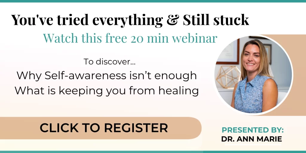 Promotional banner for a 20-minute webinar on healing; features a smiling woman in a circular portrait and a'Click to Register' button.