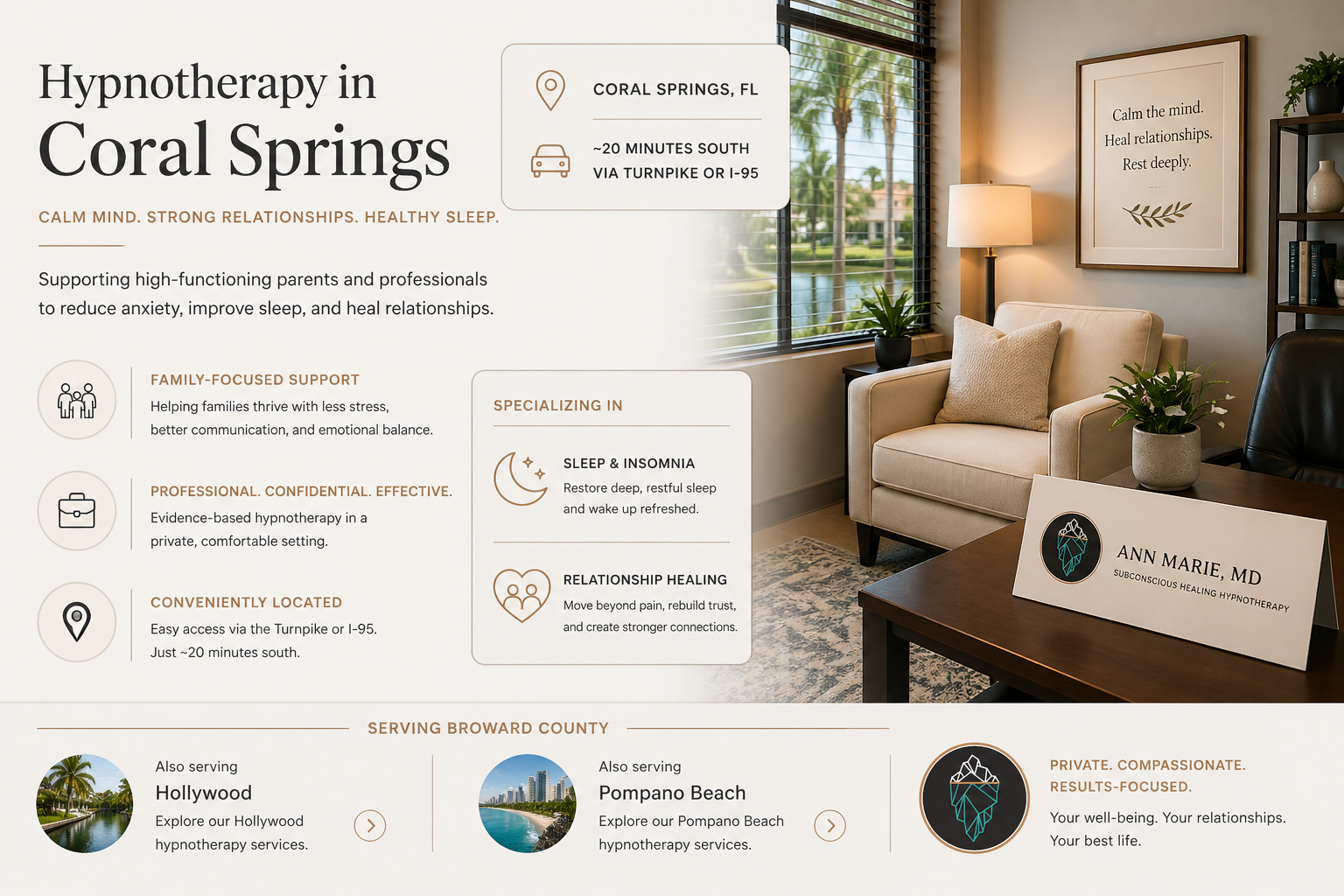 Private hypnotherapy session office Fort Lauderdale serving Coral Springs clients