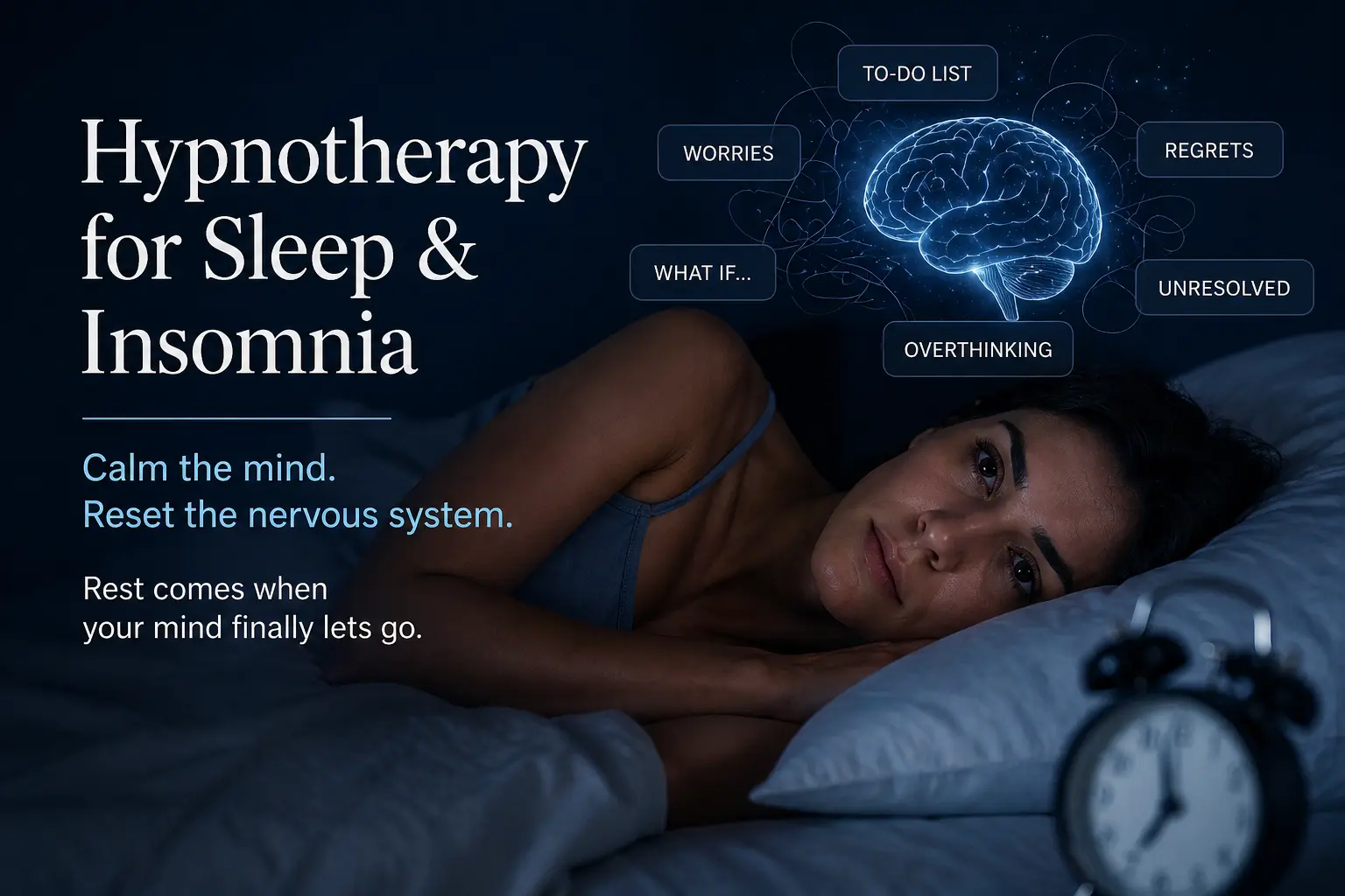 Woman awake in bed with a blue neural brain graphic and floating thoughts, advertising hypnotherapy for sleep and insomnia.