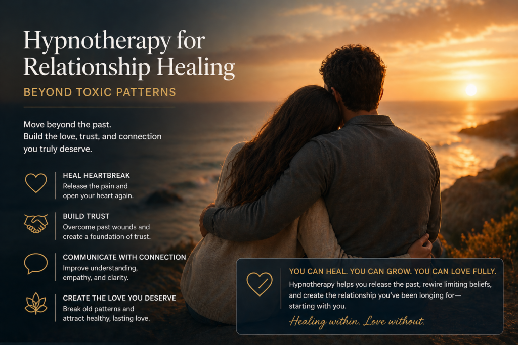 image - Ann Marie MD Couple embracing at sunset by the sea with promotional text for hypnotherapy on relationship healing.