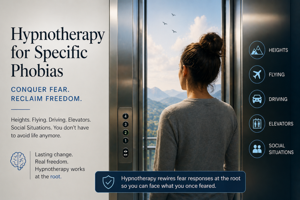Advertisement: woman in an elevator looking out at mountains; text promotes hypnotherapy for specific phobias and conquering fear.