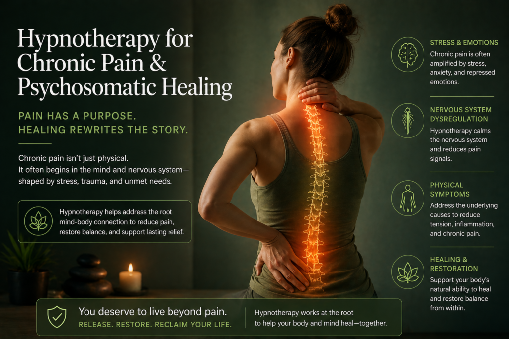 Promotional poster: woman with glowing spine from neck to lower back, advocating hypnotherapy for chronic pain and healing.