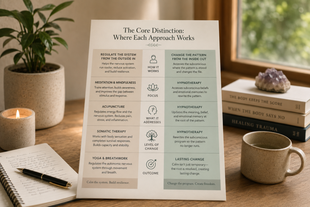 Infographic poster on a desk titled'The Core Distinction: Where Each Approach Works,' surrounded by a candle, plant, notebook, mug, and books on wood.