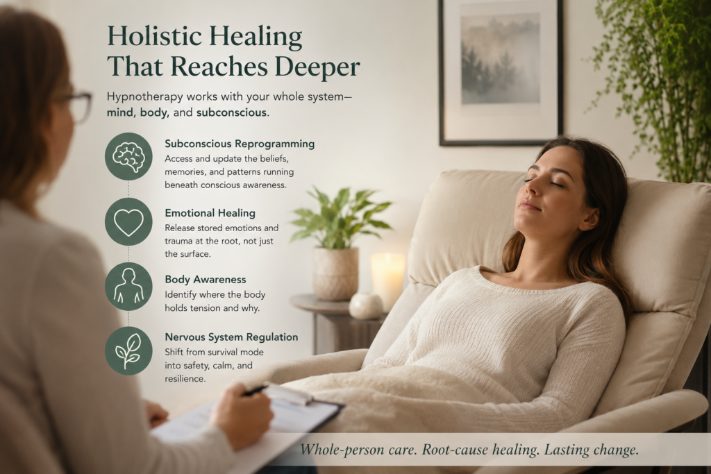 Relaxed client reclines in a treatment chair while a practitioner notes on a clipboard; left side shows a list of holistic healing services in icons and text.