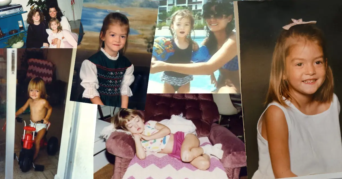 Collage of childhood photos showing a young girl in various outfits and settings over the years.